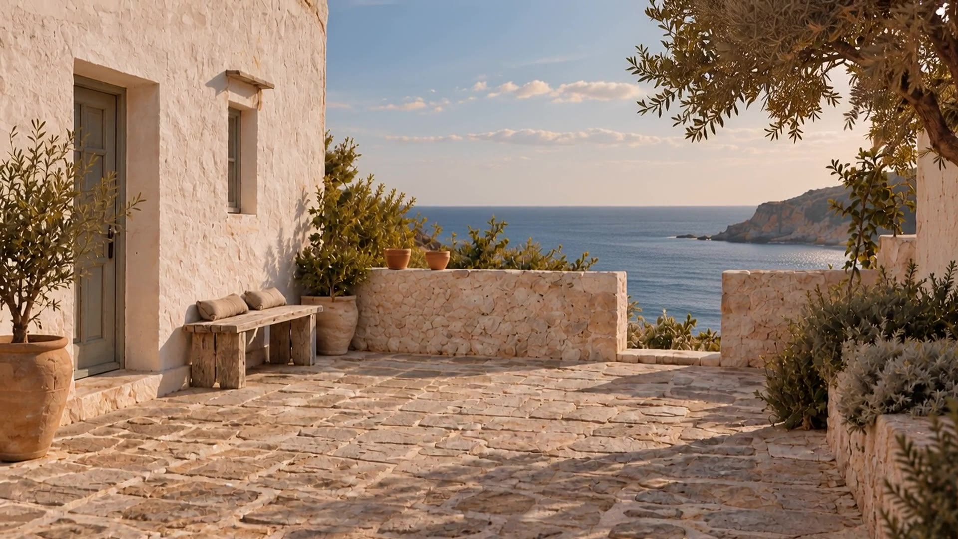 An imagined stone courtyard opening towards a sunlit blue sea